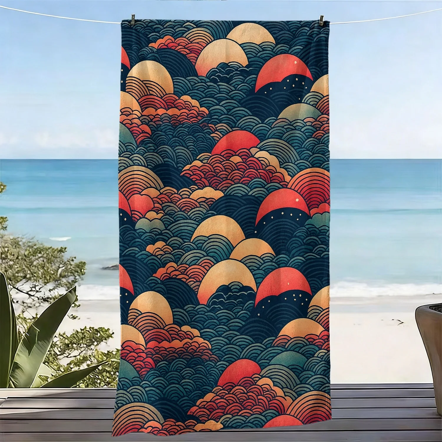 1枚入り-大型-ソフト-日本の浮世絵風ビーチタオル--ポリエステルマイクロファイバー、速乾性、超吸収性、波と赤い太陽のプリント