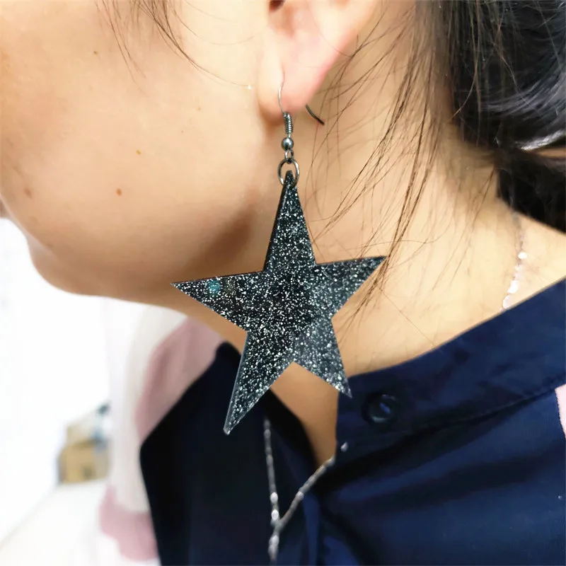 KUGUYS Asymmetrical Star Moon Drop Earrings for Women Black Glitter Acrylic Large Big Fashion Jewelry Trendy Accessories