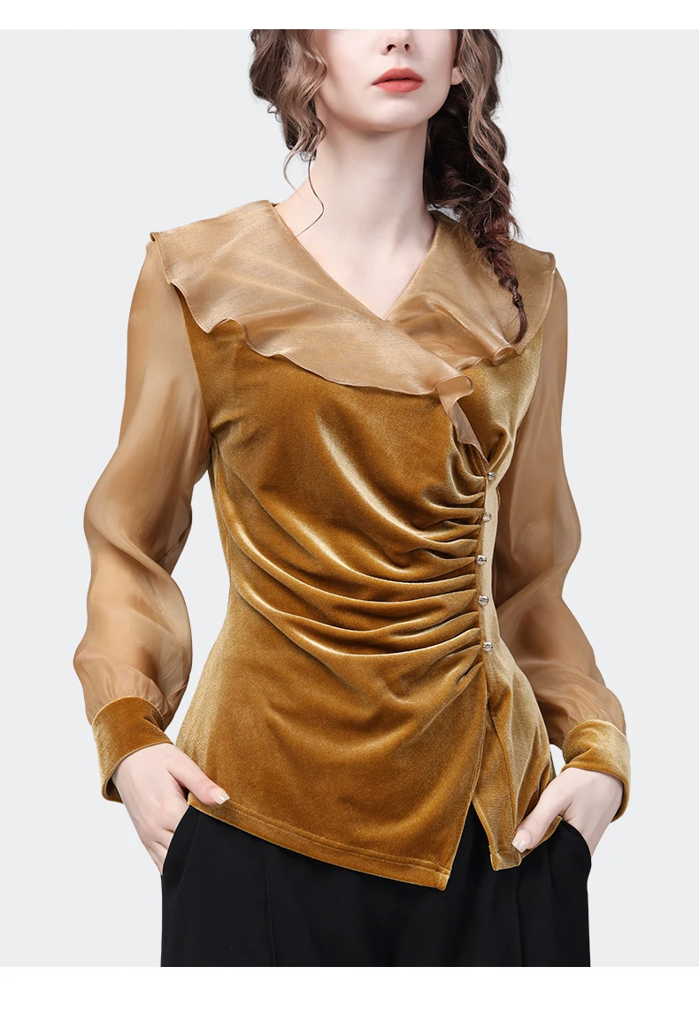 Camisa de manga larga con volantes para mujer, blusa de terciopelo amarillo brillante, nuevo diseño empalmado de Organza satinada, blusas informales de moda 2023