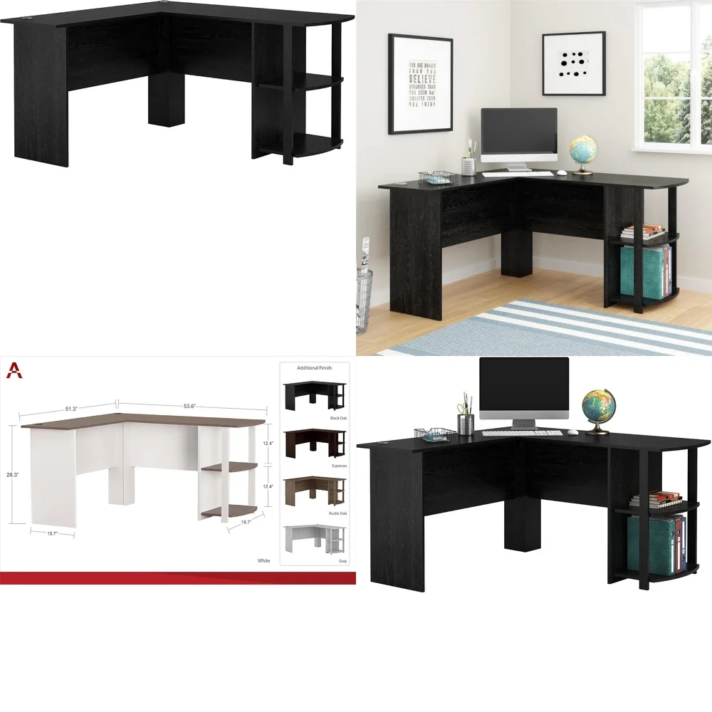 مكتب كمبيوتر مع أرفف كتب مدمجة بتصميم عصري من خشب البلوط الأسود لتوفير المساحة #1