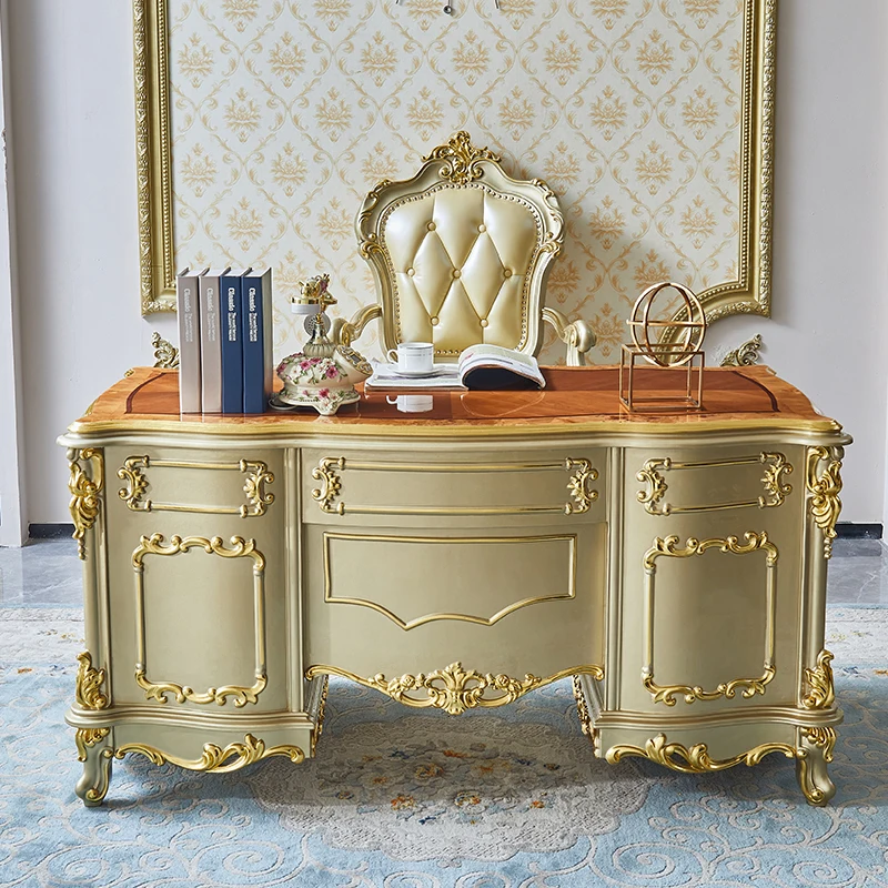

European-style desk luxury all-solid wood villa solid wood table desk high-end champagne gold desk study furniture set