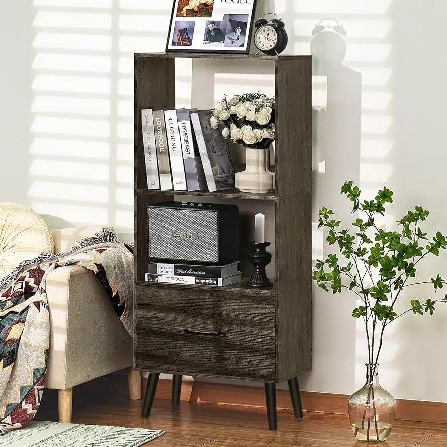 

Open Bookshelf, 3 Tier Black Mid Century Modern Book Shelf with Drawers and Legs, Wood Bookcase with Storage Organizer