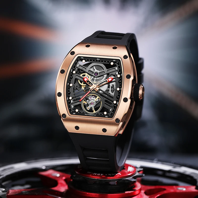 

Часы+коробка Tonneau Original Montre Homme: Мужские автоматические наручные часы-скелетоны с полым циферблатом, подарок на День святого Валентина для мужа/жены