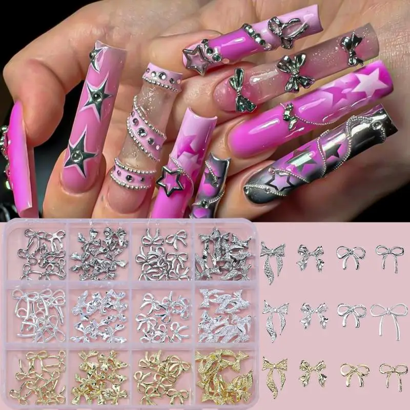 96/120 Stücke 3D Gold Schleife Schmetterling Nagel Metall Charms Glänzende Bowtie/Diamant Stern DIY Nagel Dekor Zubehör Luxus Nail art Liefert