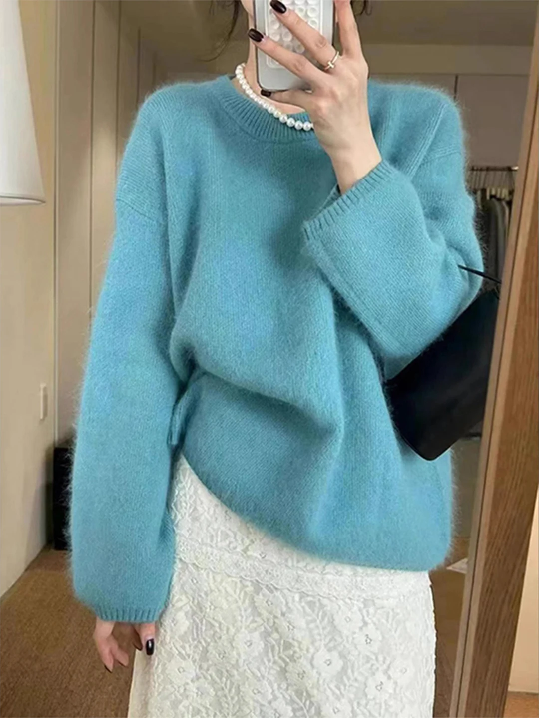 

Korean Style Loose Fit round Neck Cashmere Sweater Women's Autumn Winter Outerwear Soft Cozy Long Sleeve Knitted Top