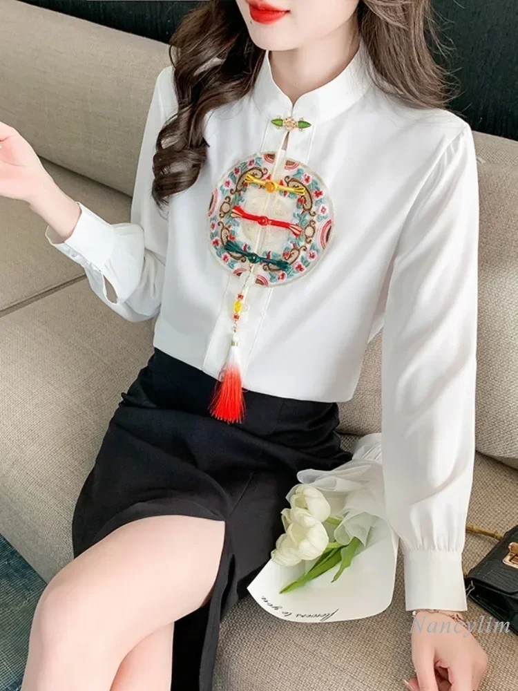 

New Chinese Style White Chiffon Shirt Woman's 2024 Spring Clothing New Beautiful Pattern Tassel High-End Chic Top Blouse Women