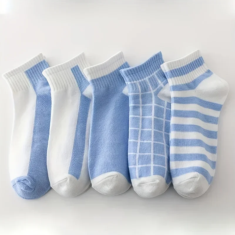 

5 Pairs Striped&Plaid Women Socks-Women's Lightweight All-Match Short Stockings&Hosiery-Soft,Breathable Footwear for Casual Wear