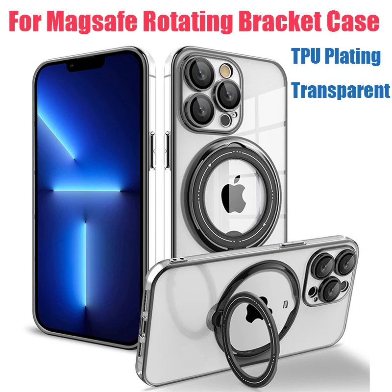 For Magsafe Metal Magnetic Rotating Bracket TPU Plating Transparent Case For iPhone 14 Pro Max Plus 13 12 11 Pro Max Back Cover