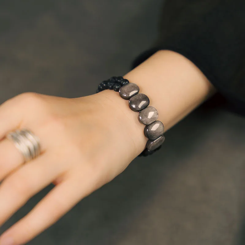 Silver Obsidian Women, Vintage Trendy Volcanic Stone Bracelet Men, Fashionable and Versatile