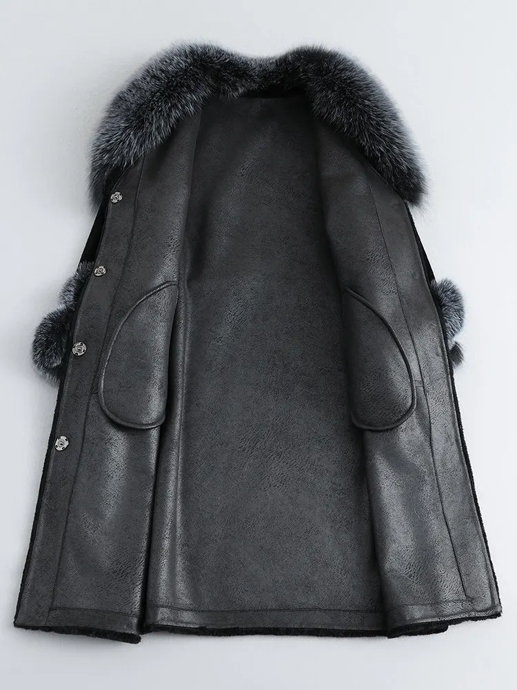 Cashmere coat for women, medium-length fur coat, granular lambskin and fox fur collar, fur integrated