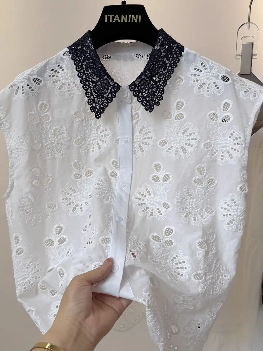 

Embroidered Hollow out Lace irt Women's Summer New Design Korean Sle Svel Vest Top Breathable Loose Fit Collar