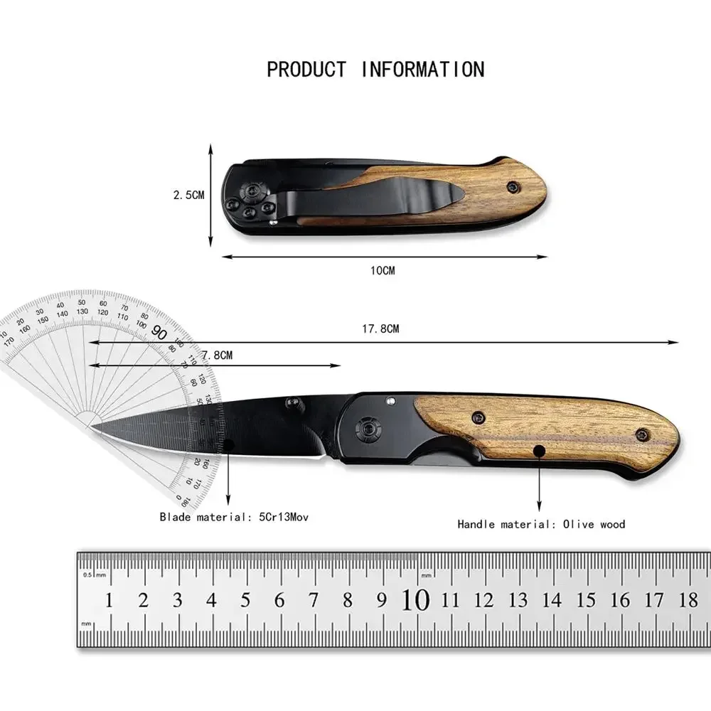 Pocket Folding Knife Wood Handle Titanium Finish Blade Ourdoor Survival Tactical Knives EDC Hunting Self Defense Tools