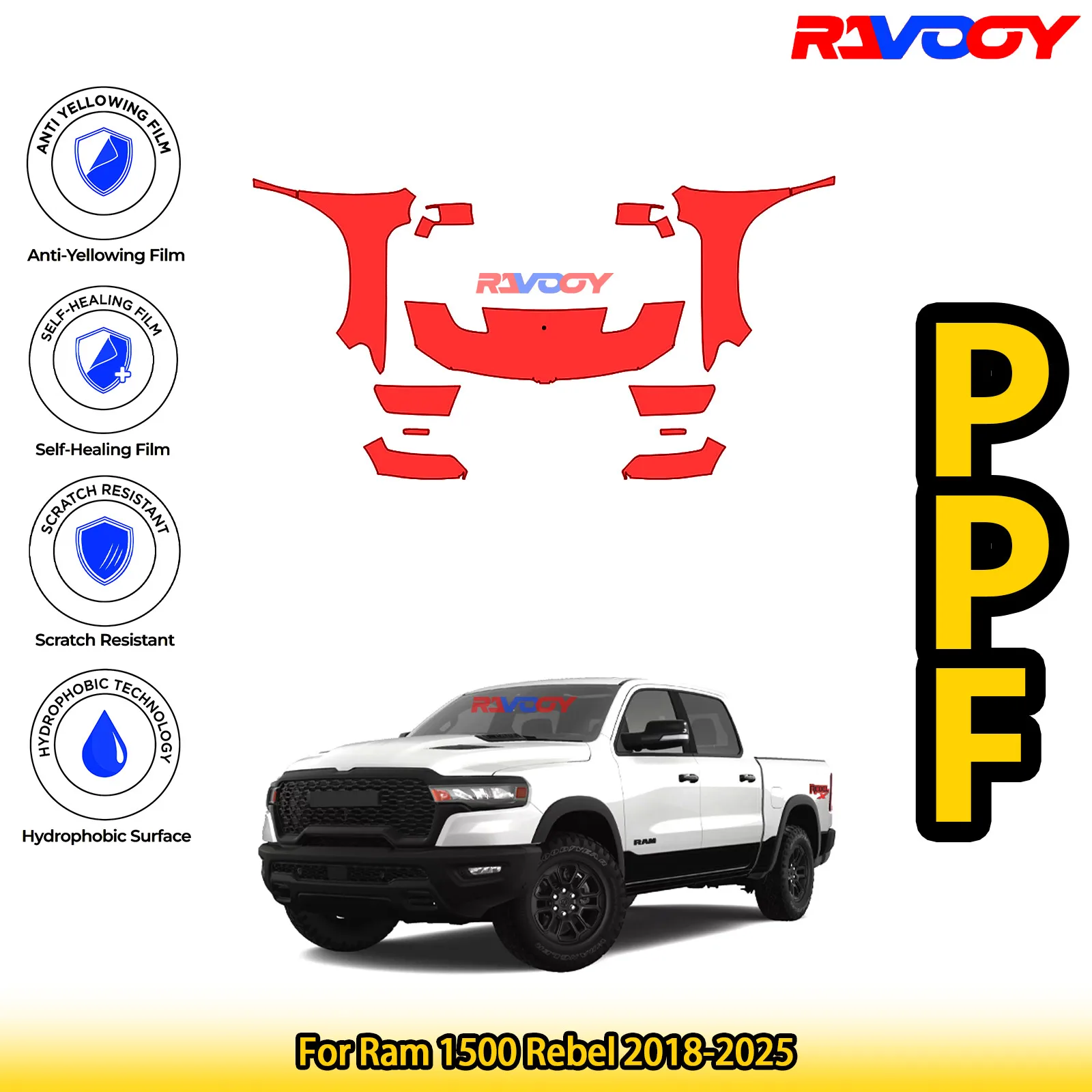 

For Ram 1500 Rebel 2018-2025 Glossy Matte Black Precut front PPF Kit Paint Protection Film