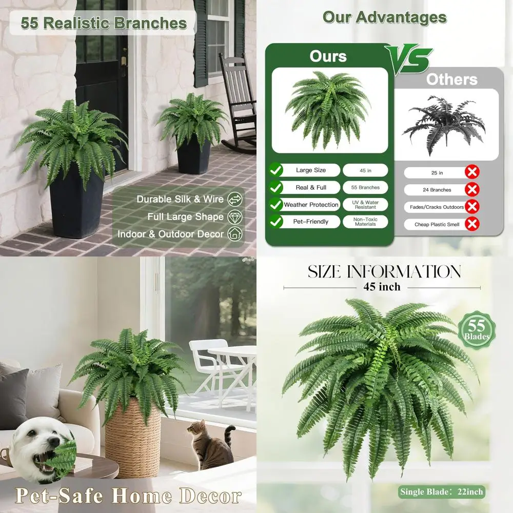

Pair of 45 Artificial Boston Ferns with 55 Branches, Outdoor-Safe Faux Plants for Home & Office, UV-Resistant (No Pot)