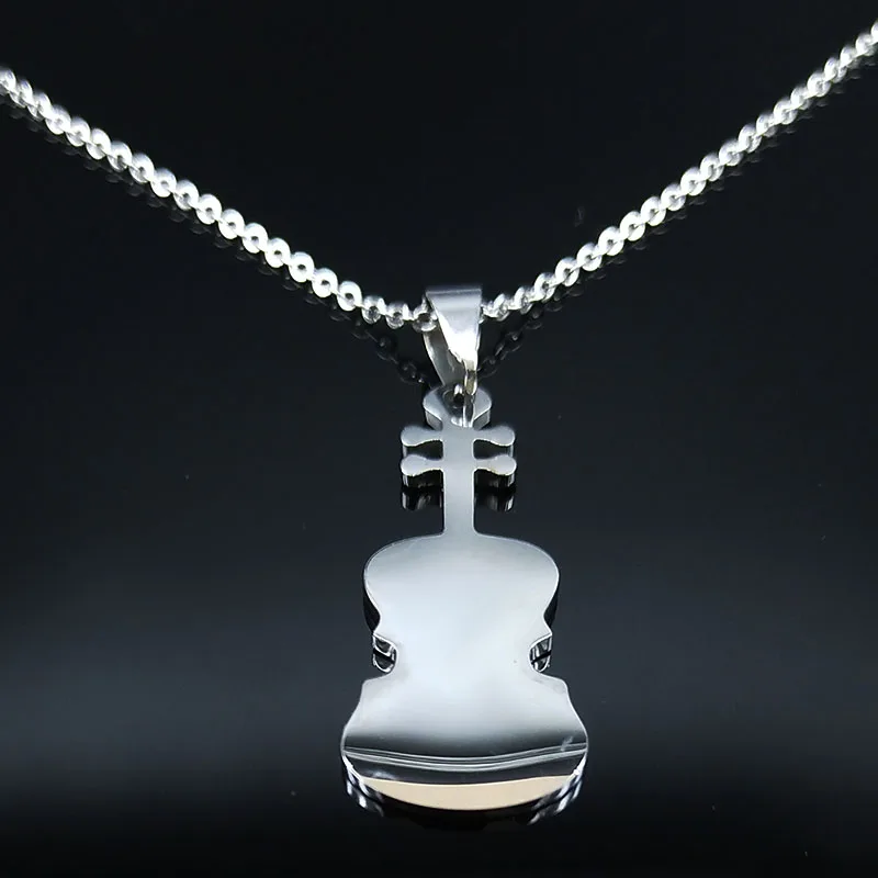 Violin Stainless Steel Necklace Women/Men Small Music Black Enamel Chain Necklace Jewelry moda mujer N1887S01