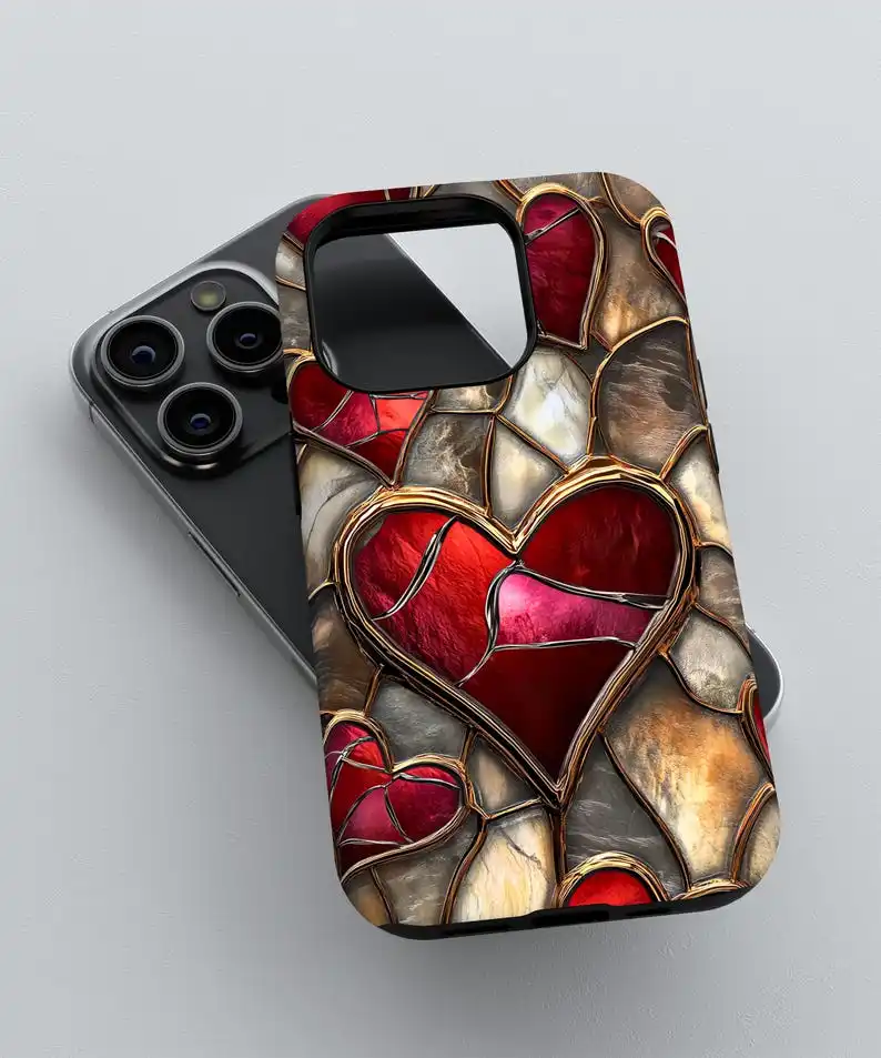 Faux Stained Glass Hearts Phone Case For IPHONE 16 15PRO MAX 14 13 12 11 Acrylic TPU Two in one magnetic Phone Cases