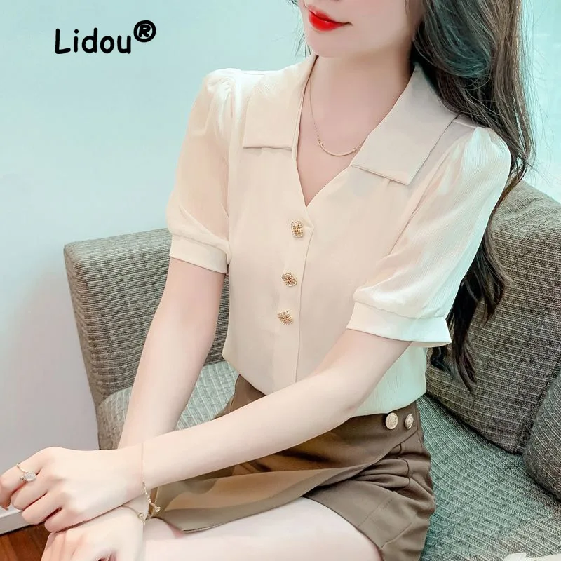 V-neck Short Sleeved Chiffon Shirt Women\'s Summer New Fashionable Temperament Office Versatile Single-breasted Lady Shirt