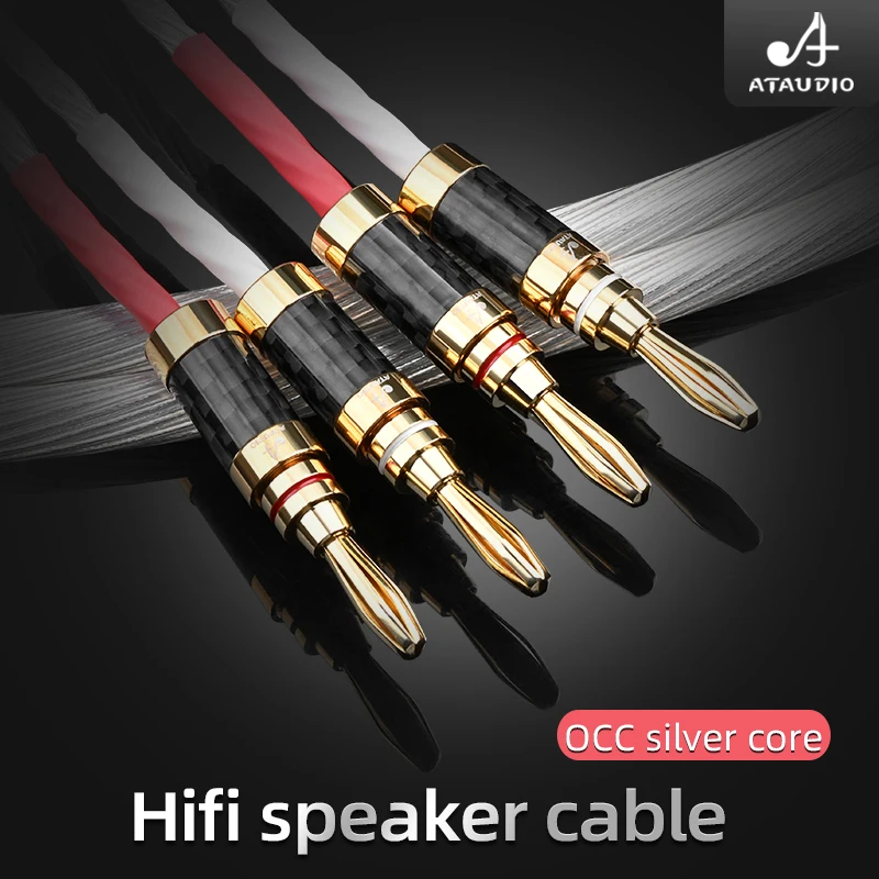 ATAUDIO One Pair HiFi Speaker Cable Hi-end OCC 12 Shares Silver-plated Cord with Carbon Fiber Plug for HiFi Systems Amplifier