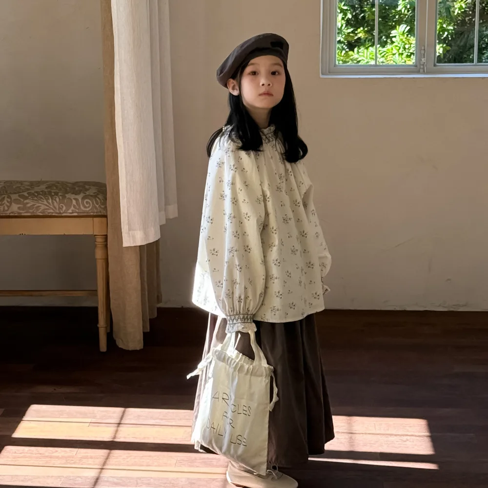 

2025 Autumn Girls Bubble Sleeve Floral Shirt Korean Style Loose Fit Casual Blouse Soft Cotton Breathable Toddler Kids Outfit