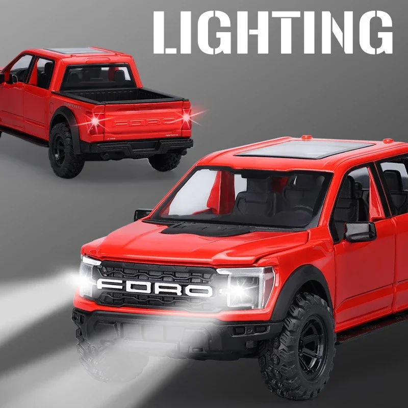 

1:32 Ford F150 Raptor Alloy Pickup Model Diecast Metal Off-Road Car with Sound & Light Pull Back Simulation Vehicle Birthday gif