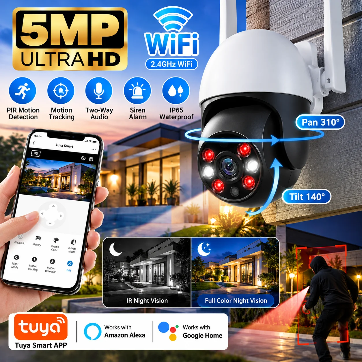 Tuya Smart Life 5MP WiFi PTZ Outdoor Security Camera Full Color Night Vision Auto Tracking Wireless IP CCTV Surveillance Camera