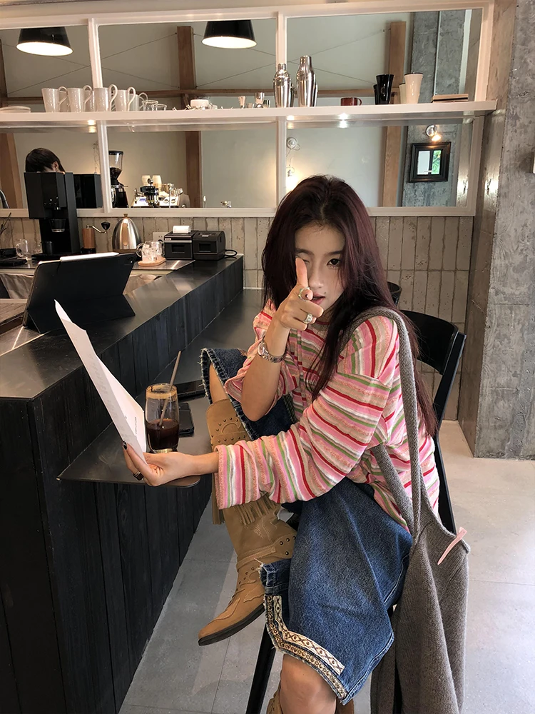 فضفاضة تناسب طويلة Sve جولة Ne تي شيرت مخطط المرأة الخريف عارضة تنوعا أعلى مريحة فضفاضة Sle Faionable