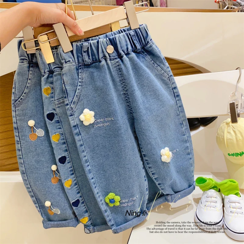 

Girls' One-Button Cartoon Embroidered Labeling Loose Wide Washed Jeans2024Spring and Autumn Casual Pants