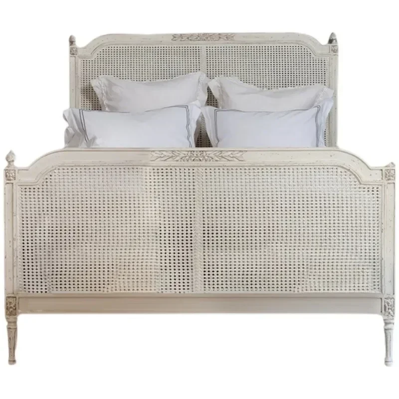 Rattan Art Solid Wood Bed French Retro Distressed Big Bed Model Room Master Bedroom Plant Rattan
