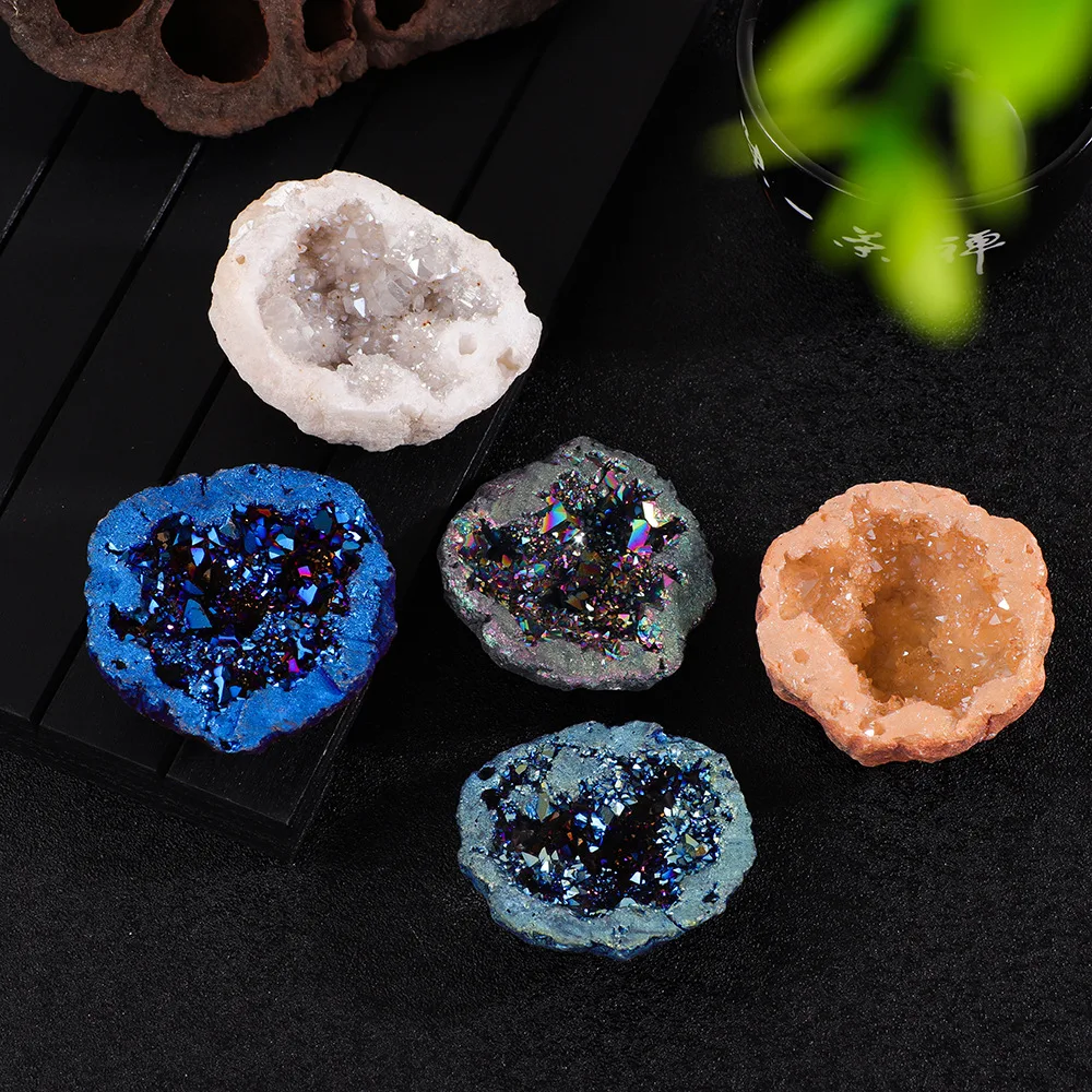1PC Natural Agate Plated Electroplated Cornucopia Crystal Cave Raw Stone Bare Stone Display Mineral Specimen Decor Gifts Fortune