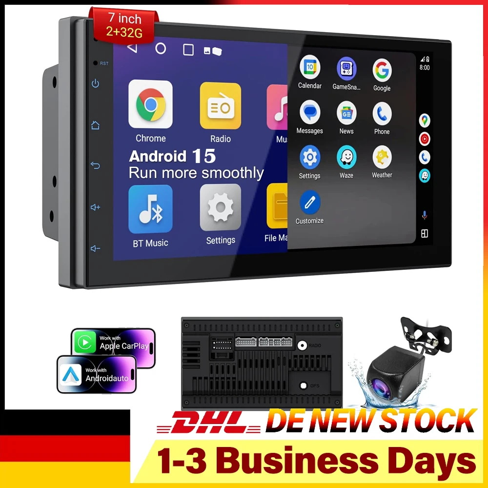 7-Zoll-Doppel-DIN-Touch-Autoradio-Multimedia-Videoplayer 2GB+32GB Android 15 Autoradio für alle Nissan Modelle mit kabellosem Carplay & Android Auto, GPS-Navigation, FM, RDS, DSP, SWC, WiFi,