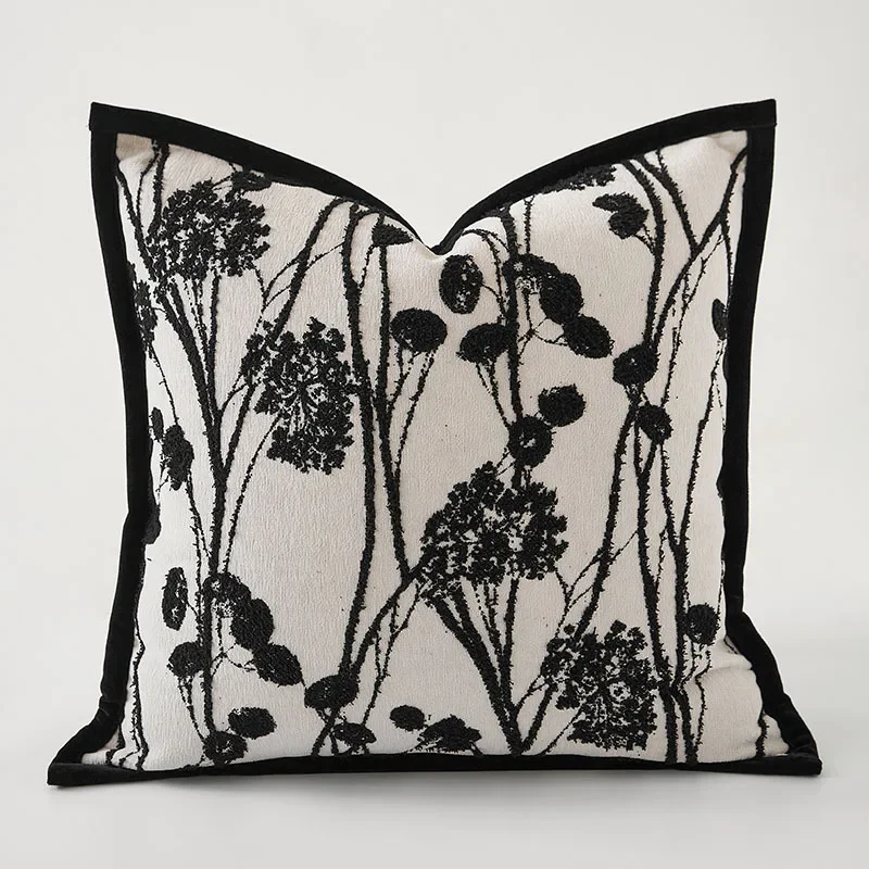 Italian Beige Black Light Luxury Cushion Cover Retro Chenille Dandelion Jacquard Pillow Cover Decorative Modern Throw Pillowslip