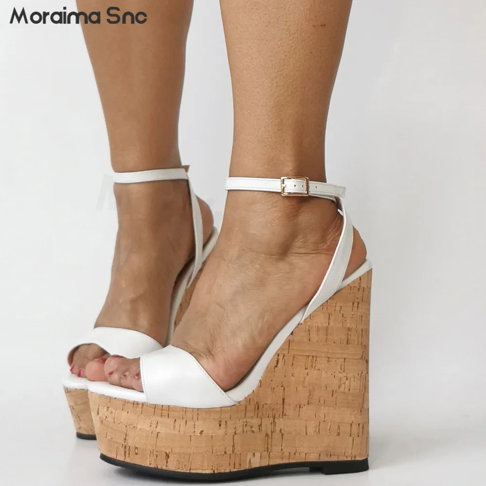 

High Platform Wedge Sandals Round Toe Open Toe White Ankle Buckle High Heel Sandals Fashionable Sexy Large Size Women's Shoes