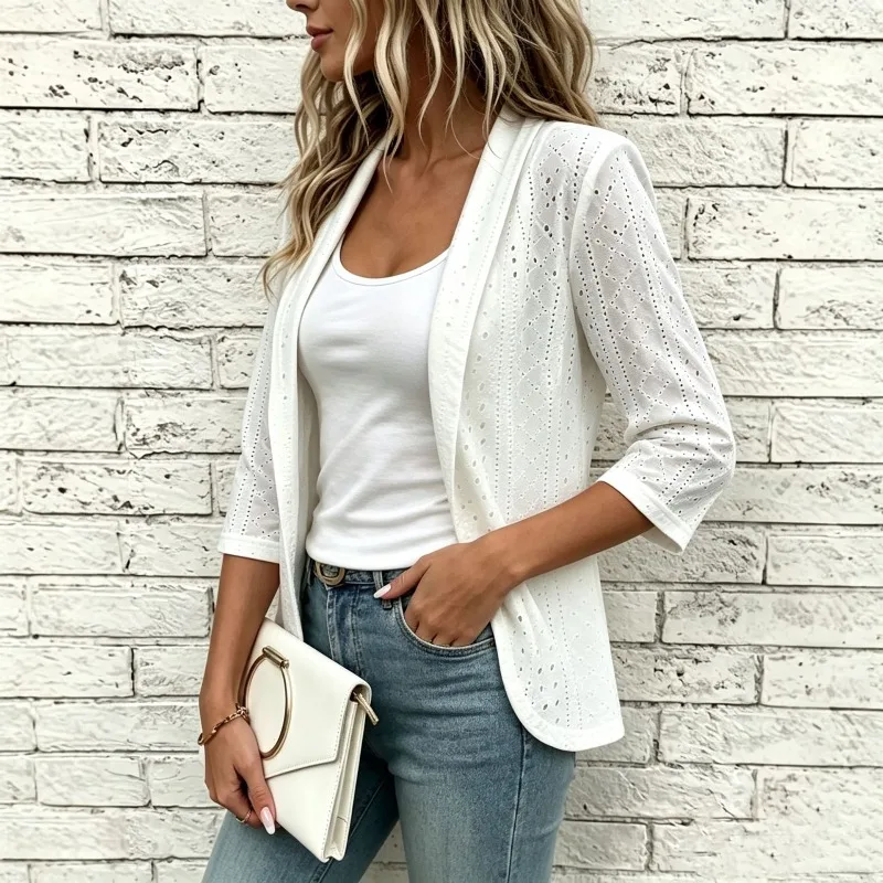 New Women Elegant Solid Eyelet Embroidery Open Front Half Sleeve Hollow Out Cardigan Fashion Versatile Casual Ladies Outerwear