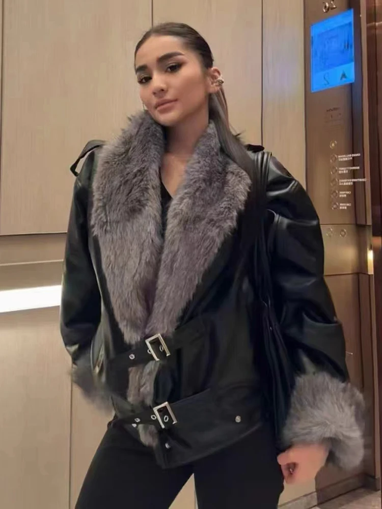 الشتاء كبير الفراء طوق بولي Leather سترة جلدية المرأة طويلة الأكمام ملابس خارجية دافئة غير رسمية الإناث الصلبة المغطاة زر سترات قطنية فضفاضة #3