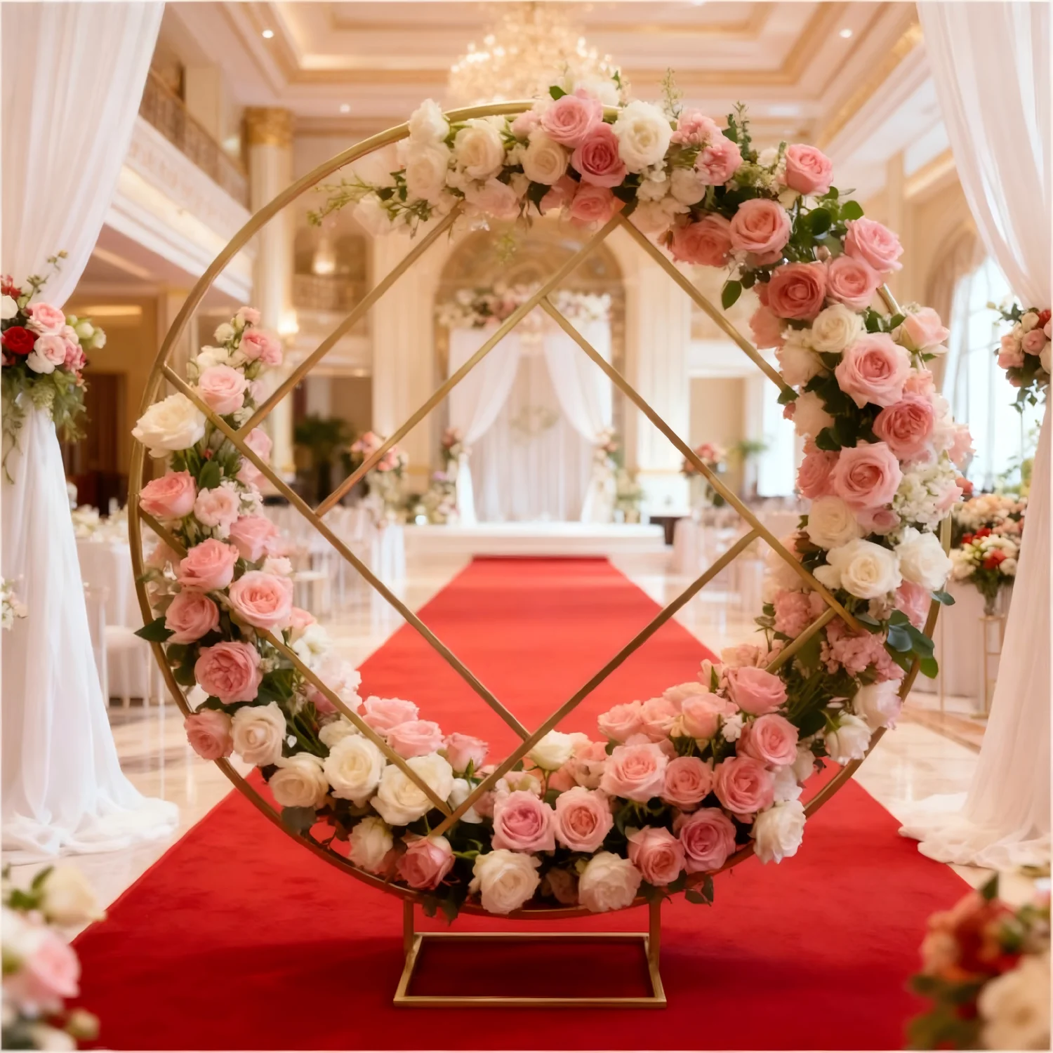 

Золотая геометрическая круглая подставка для свадебного фона, металлическая арка 1,6 м × 1,73 м для украшения мероприятий, реквизит для цветочной композиции для свадьбы