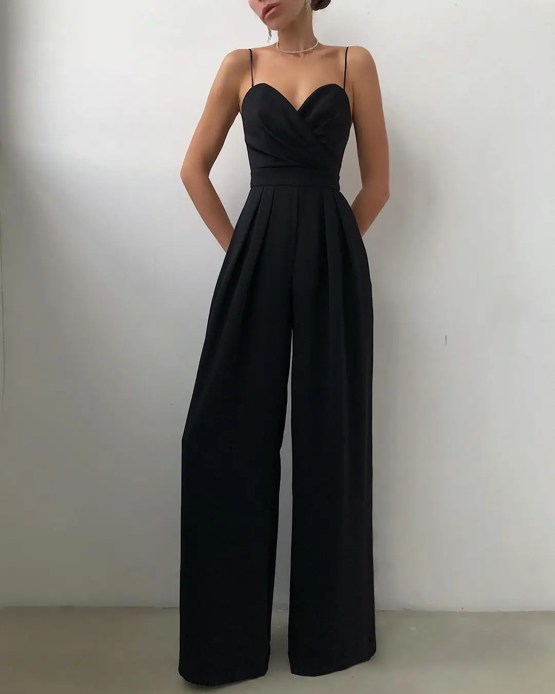 2025 Spring Summer Chiffon Elegant Jumpsuits Women Spaghetti Strap High Waist Wide Leg Jumpsuits Overalls Solid Womens Jumpsuit