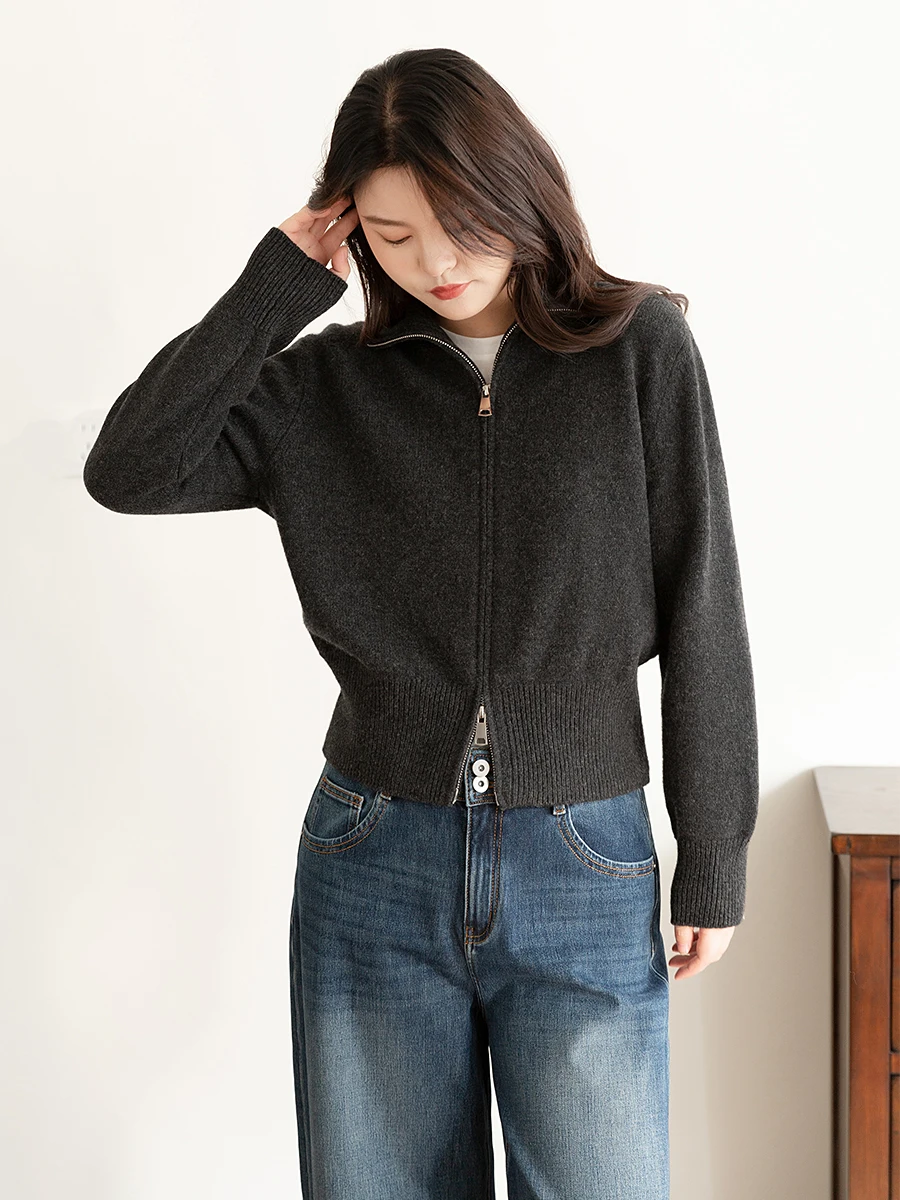 

Кардиган женский вязаный из 100% шерсти с высоким воротником, утепленный, осенне-зимний, модный, простой, с двойной молнией, свитер-пальто