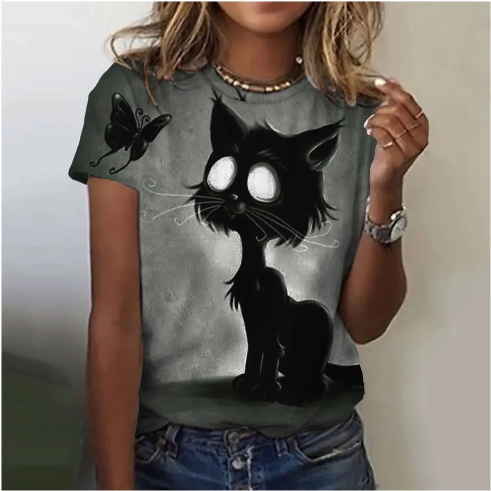 Leisure Sports Women's T-shirt Top Summer New Round Neck Short Sleeve 3D Printing Element Cat Pattern Women's T-shirt Clothing