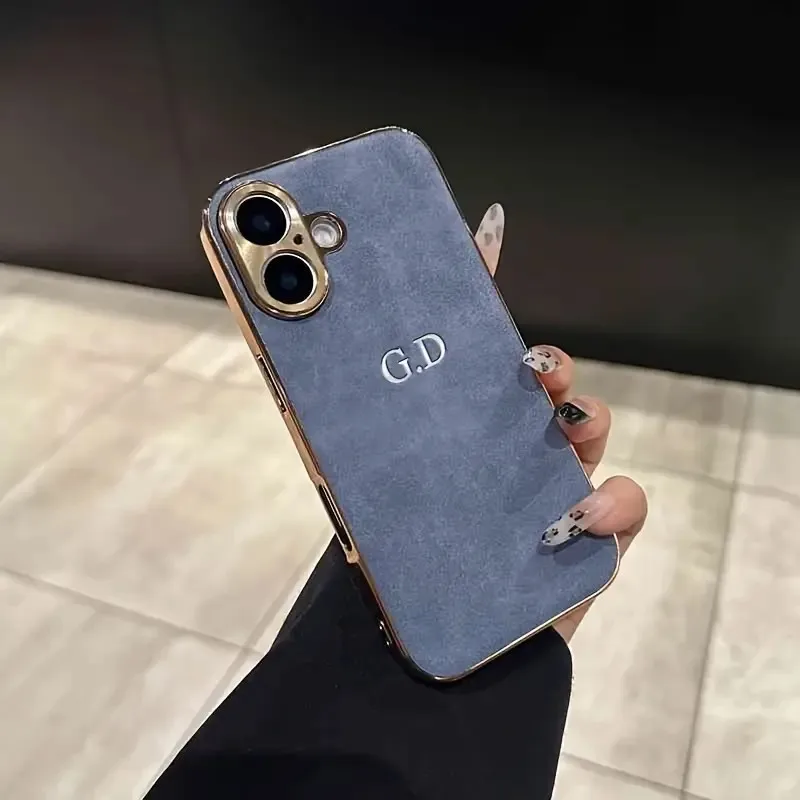 Personalized Customized Initials Name Case For Iphone 11 12 13 14 15 16 Pro Max Plating Electroplated Frame Lambskin Cover