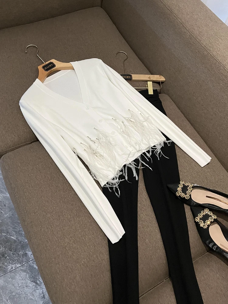 

Зимний дизайн Sensation, украшенный бриллиантами, открытый кардиган с перьями по краю, топ Heavy Work Celebri Faion Long Sve Sw...