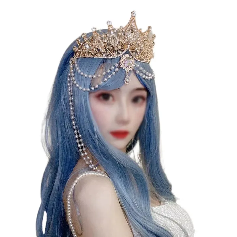 Gothic KC Crown Halo Lolita Gorgeous Bead Chain Pendant Gold Black Crown Headpiece Sun Goddess Queen Princess Hair Accessories