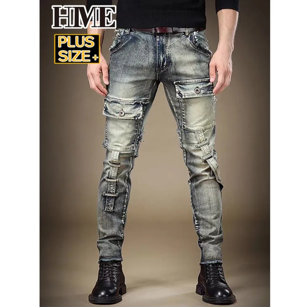 Retro Fashion Plus Size Men's Grey Holiday Street Popular Jeans Spring and Autumn High Waist Versatile Trend Trousers Trend