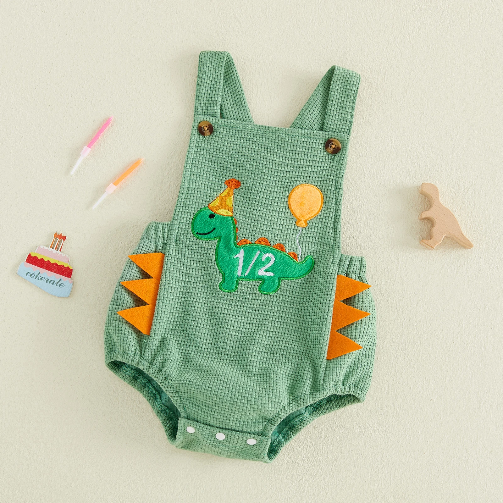 Baby Boy Half Birthday Romper Adorable Dinosaur Embroidery Sleeveless Square Neck Summer Bodysuits Jumpsuit