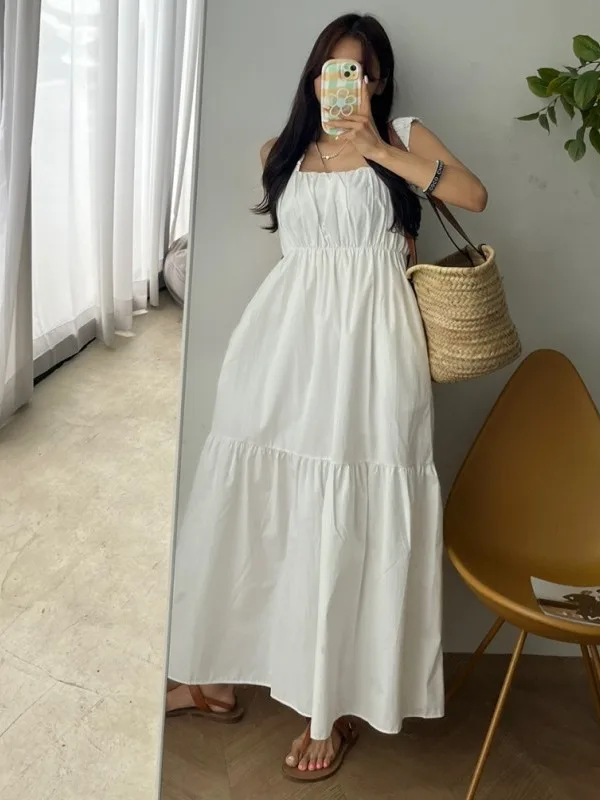 فستان منقوش باللونين الأبيض والأسود بدون حمالات للنساء بخصر فضفاض تنورة متوسطة الطول لربيع الخريف موسم الخريف منتج صيني بدون ...