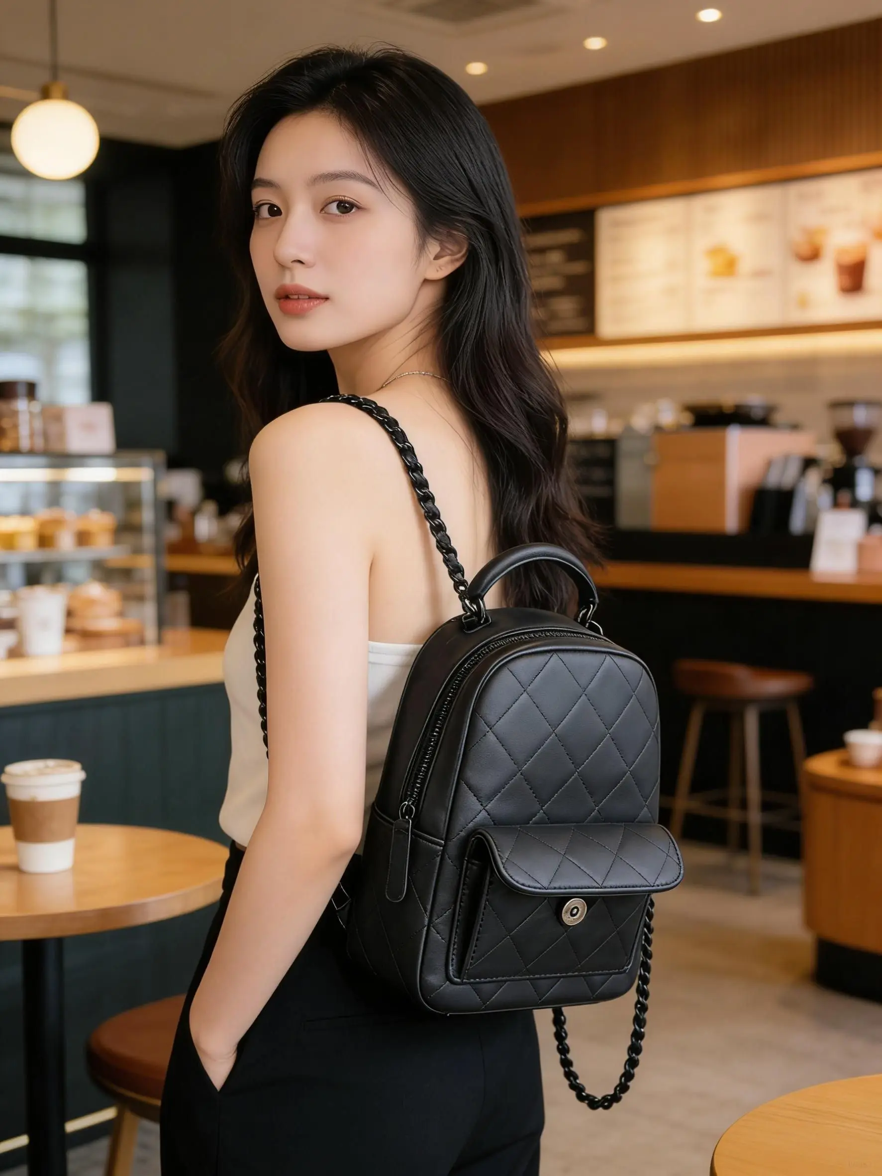 

Luxury women's plaid embroidered backpack, solid color chain women's shoulder bag, leather bag
