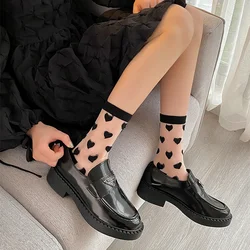 Polka Dot Black Crystal Silk Socks Summer Ultra-thin Transparent Long Socks Heart Print Kawaii Cute Flower Lace Elastic Socks