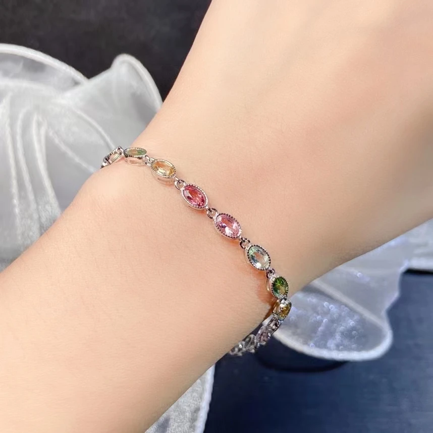 KJJEAXCMY Brand Boutique Jewelry 925 Sterling Silver Inlaid Natural Tourmaline Gemstone Women's Bracelet    Party Gift Girl's Bi