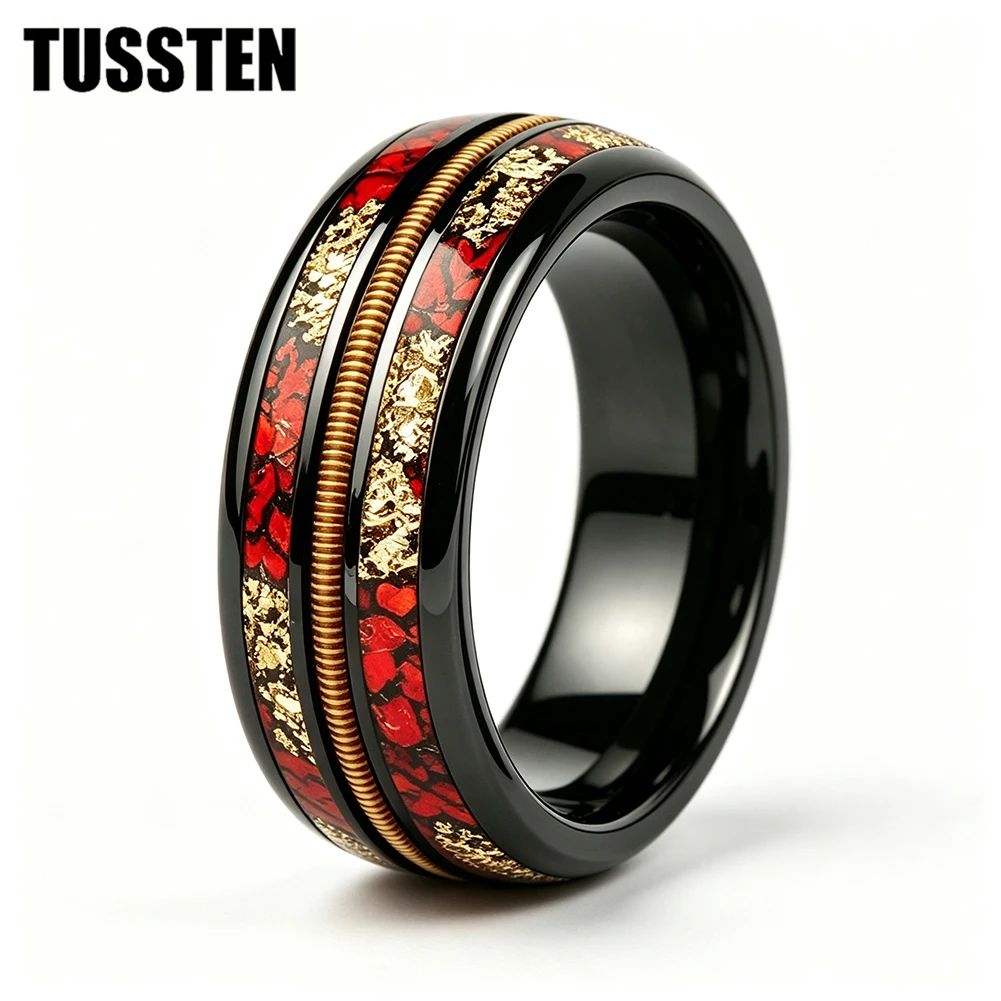 TUSSTEN 8mm Black Ring with Gold Guitar String, Gold Foil & Red Opal Inlay Tungsten Wedding Band