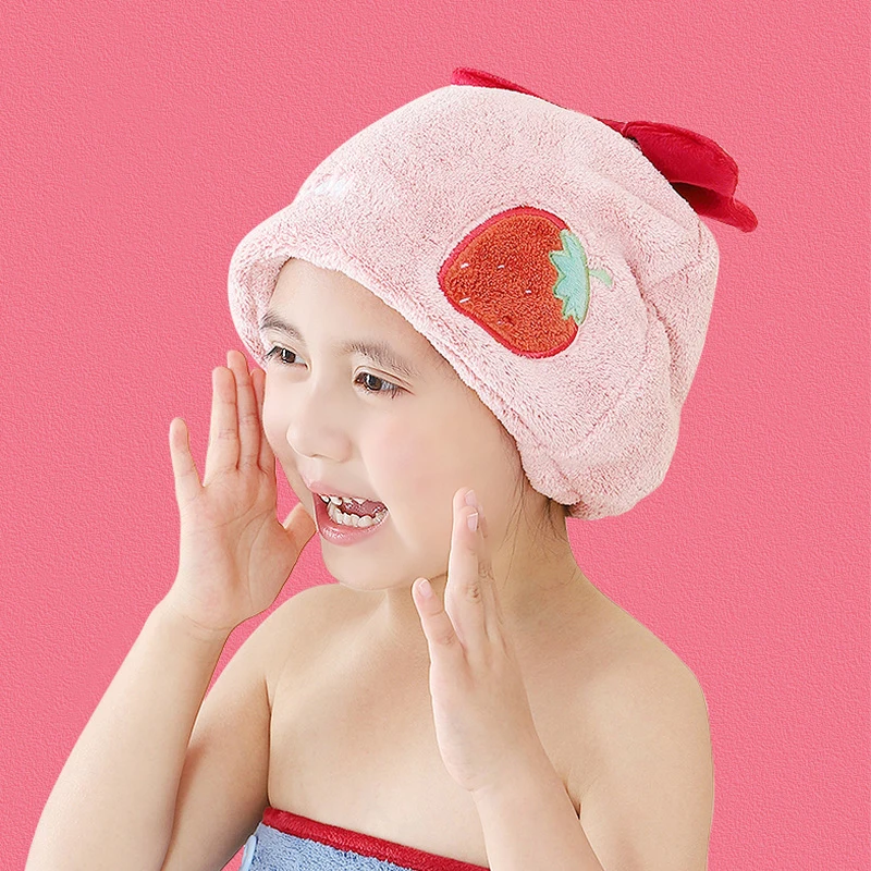 Cute Strawberry Cartoon Girl Dry Hair Cap Quick Drying Absorbent Shower Cap Coral Velvet Baby Wrapped Towel Bath Children Gift