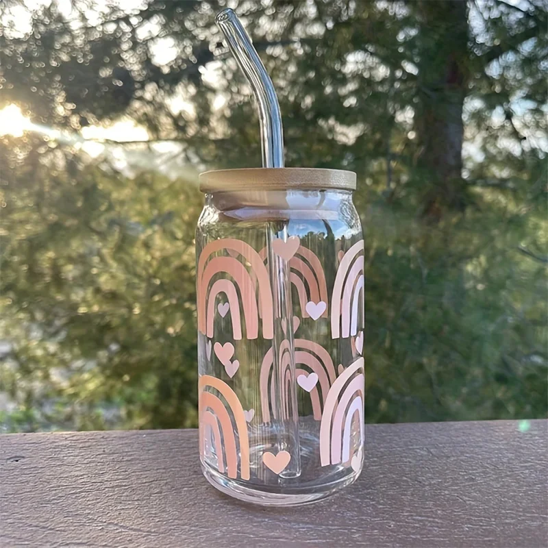 1pc 6oz Clear 3D Printed Sublimation Glass Cup With Bamboo Lid&Glass Straw Drinking Cups With Waterproof Sticker Muti-Pattern view 4